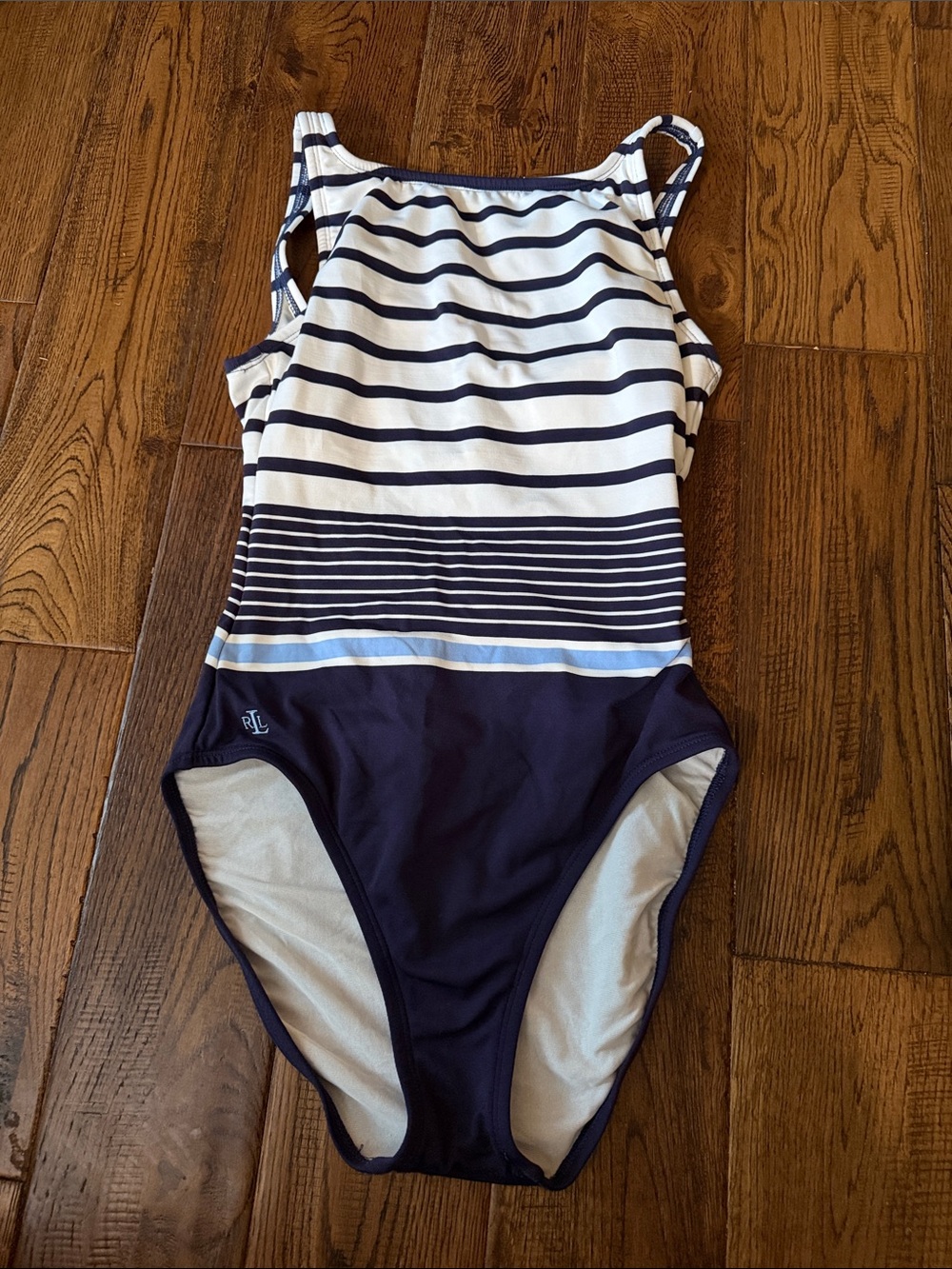 Ralph Lauren Navy, White & Light Blue Striped Girls One-Piece  Size L Swimsuit